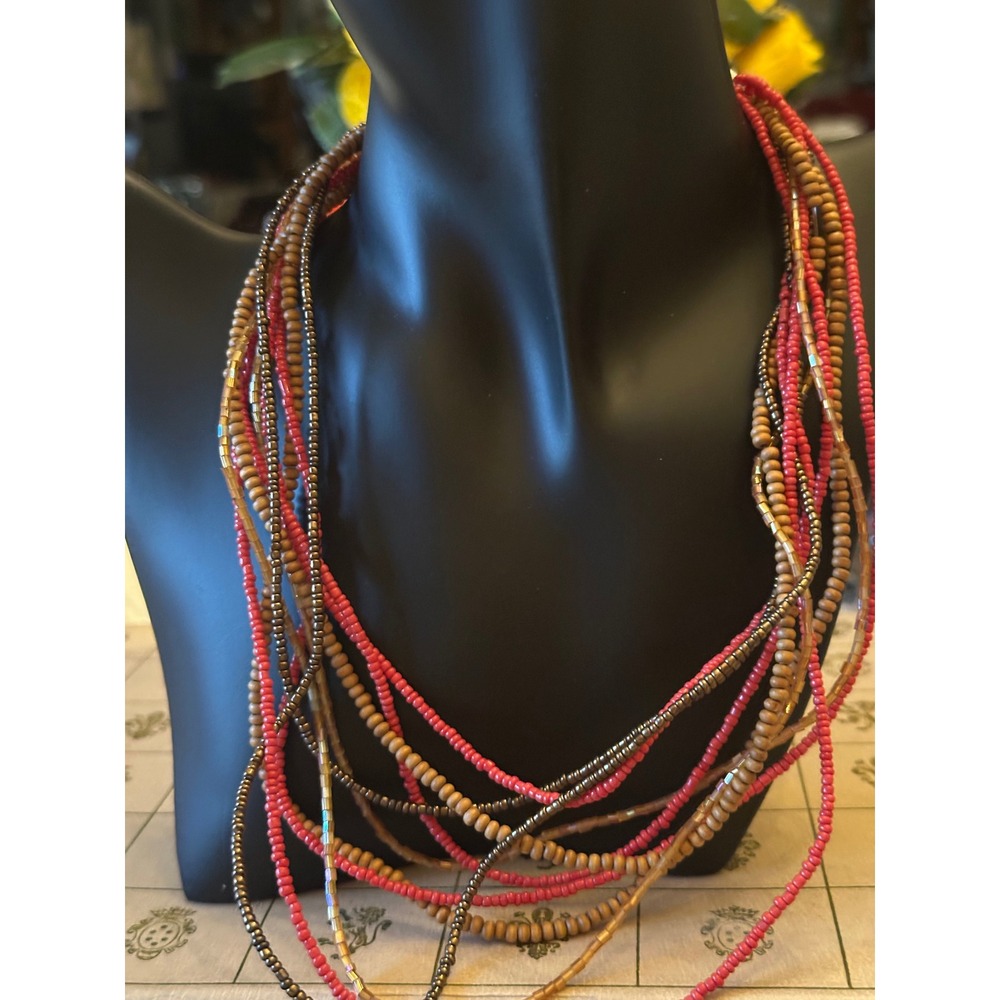 Multi Strand Seed Bead Layered Necklace Coral Pink Brown Bronze Boho Statement